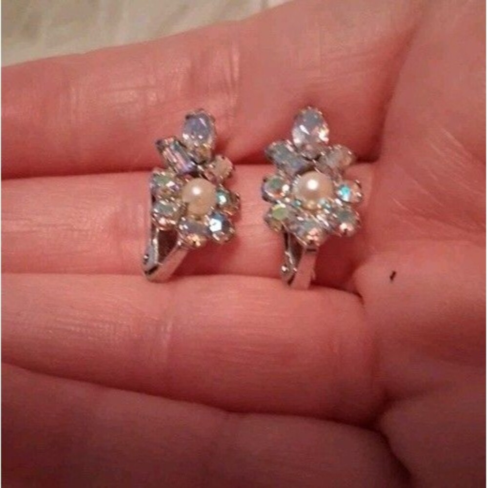 Vintage Sterling Silver Rhinestone Faux Pearl Clip-on Earrings